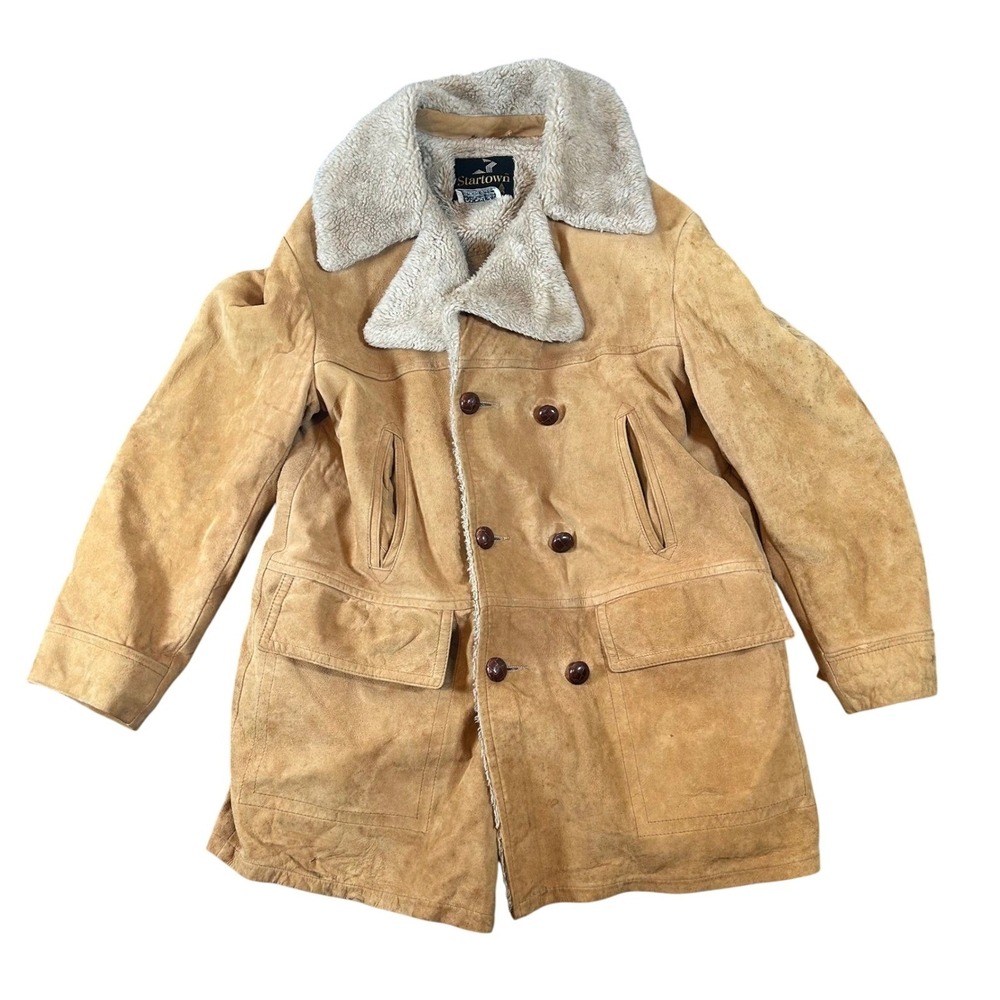 VTG Startown Mens Suede Sherpa Lined Double Breasted Work Coat‎ Size 44 70s Read